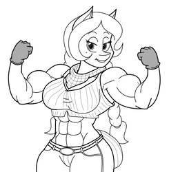 Size: 826x844 | Tagged: safe, alternate version, artist:matchstickman, oc, oc only, oc:honey suckle, oc:honey suckle (flicker-show), anthro, abs, anthro oc, armpits, biceps, clothes, flexing, gloves, jeans, lidded eyes, midriff, monochrome, muscles, pants, pose, solo