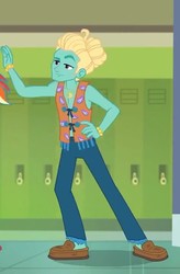 Size: 471x718 | Tagged: safe, screencap, zephyr breeze, equestria girls, g4, my little pony equestria girls: better together, overpowered (equestria girls), clothes, cropped, hippie, male, moccasins, no socks, pants, shoes, smiling, zephyr's necklace