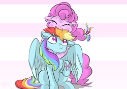 Size: 4890x3442 | Tagged: safe, artist:cozmicpandawolf, pinkie pie, rainbow dash, earth pony, pegasus, pony, g4, absurd resolution, chest fluff, cute, diapinkes, duo, eyes closed, female, floppy ears, hug, lesbian, mare, messy mane, nom, raised hoof, ribbon, ship:pinkiedash, shipping, simple background, sitting, smiling, snuggling