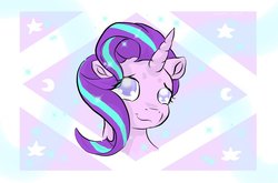 Size: 1024x674 | Tagged: safe, artist:cozmicpandawolf, starlight glimmer, pony, unicorn, g4, abstract background, bust, cute, female, glimmerbetes, looking at you, mare, portrait, puppy dog eyes, smiling, solo