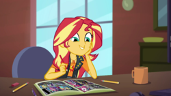 Size: 1280x720 | Tagged: safe, screencap, sunset shimmer, equestria girls, g4, my little pony equestria girls: better together, super squad goals, chair, clothes, comic book, cup, cute, desk, female, indoors, pencil, shimmerbetes, sitting, smiling, solo