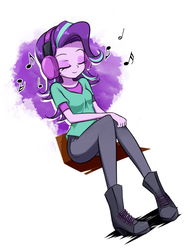 Size: 598x781 | Tagged: safe, artist:twilite-sparkleplz, starlight glimmer, equestria girls, equestria girls specials, g4, my little pony equestria girls: mirror magic, clothes, eyebrows, eyes closed, female, headphones, listening, missing accessory, music, music notes, pants, shirt, simple background, sitting, smiling, solo, white background