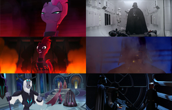 Size: 3840x2463 | Tagged: safe, screencap, storm king, tempest shadow, twilight sparkle, alicorn, pony, g4, my little pony: the movie, cage, canterlot castle, comparison, darth vader, emperor palpatine, fire, high res, lightsaber, luke skywalker, open up your eyes, sad, smoke, staff, staff of sacanas, star wars, star wars: a new hope, star wars: return of the jedi, star wars: the empire strikes back, stormtrooper, throne, throne room, twilight sparkle (alicorn), weapon