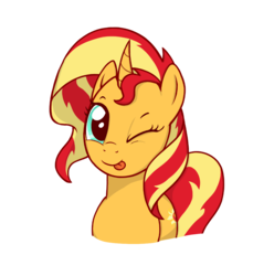 Size: 943x1029 | Tagged: safe, alternate version, artist:zharkaer, sunset shimmer, pony, unicorn, g4, :p, bust, curved horn, cute, female, horn, one eye closed, shimmerbetes, silly, simple background, solo, tongue out, transparent background, wink