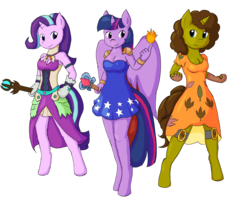 Size: 5400x4500 | Tagged: safe, artist:bigrinth, starlight glimmer, twilight sparkle, oc, alicorn, earth pony, unicorn, anthro, unguligrade anthro, g4, absurd resolution, breasts, cleavage, clothes, dress, female, fire, magic, magician, robe, trio, trio female, twilight sparkle (alicorn), wand