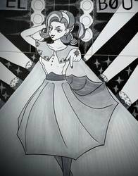 Size: 1083x1384 | Tagged: safe, artist:felinillo, starlight glimmer, human, g4, alternative cutie mark placement, clothes, dress, fashion show, female, humanized, monochrome, solo, traditional art