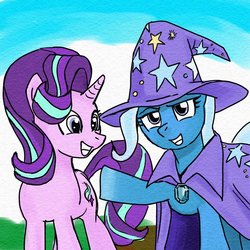 Size: 1000x1000 | Tagged: safe, artist:bojack_mlplove, starlight glimmer, trixie, pony, unicorn, g4, cape, clothes, duo, hat, smiling, trixie's cape, trixie's hat