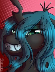 Size: 989x1280 | Tagged: safe, artist:sonicsweeti, queen chrysalis, changeling, changeling queen, g4, evil smile, female, grin, smiling, solo