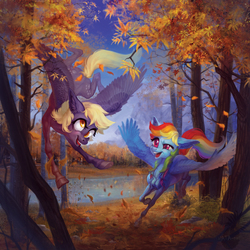 Size: 3732x3732 | Tagged: safe, artist:natanatfan, derpy hooves, rainbow dash, pegasus, pony, g4, autumn, both cutie marks, color porn, duo, floppy ears, flying, forest, high res, hoers, hooves, leaves, mountain, open mouth, river, scenery, smiling, spread wings, tongue out, wings