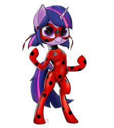 Size: 2500x2800 | Tagged: safe, artist:arcuswind, twilight sparkle, unicorn, semi-anthro, g4, becoming what you fear, clothes, cosplay, costume, female, high res, hilarious in hindsight, irony, looking at you, miraculous ladybug, one of these things is not like the others, out of character, simple background, smiling, smiling at you, solo, transparent background, unicorn twilight