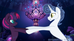 Size: 1284x720 | Tagged: safe, artist:miserisyt, artist:shootingstaryt, artist:spectrumnightyt, oc, oc only, oc:nebula spark, oc:spectrum night, seapony (g4), g4, my little pony: the movie, duo, eye contact, female, holding hooves, looking at each other, magical lesbian spawn, male, next generation, offspring, parent:rarity, parent:soarin', parent:tempest shadow, parent:twilight sparkle, parents:soarity, parents:tempestlight, seaponified, seaquestria, species swap, watermark