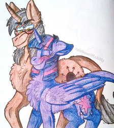 Size: 1024x1141 | Tagged: safe, artist:rainbowriffickitty, discord, twilight sparkle, alicorn, pony, g4, blushing, chest fluff, female, male, ponified, ship:discolight, shipping, straight, traditional art, twilight sparkle (alicorn)