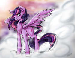 Size: 800x622 | Tagged: safe, artist:tailzkip, twilight sparkle, alicorn, pony, g4, chest fluff, cloud, cloudy, ear fluff, female, flowing mane, long tail, looking at you, sky, solo, spread wings, twilight sparkle (alicorn), wings