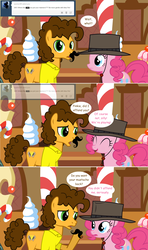 Size: 1280x2168 | Tagged: safe, artist:hakunohamikage, cheese sandwich, pinkie pie, earth pony, pony, ask-princesssparkle, g4, ask, comic, eyes closed, fake moustache, female, hat, male, mare, sugarcube corner, tumblr