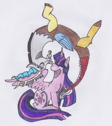 Size: 1906x2144 | Tagged: safe, artist:draw1709, discord, twilight sparkle, alicorn, pony, g4, female, male, nuzzling, ship:discolight, shipping, sitting, straight, traditional art, twilight sparkle (alicorn)