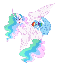 Size: 1000x1000 | Tagged: dead source, safe, artist:saphi-boo, princess celestia, rainbow dash, alicorn, pegasus, pony, g4, curved horn, dashlestia, eyes closed, female, horn, lesbian, mare, raspberry, shipping, simple background, sitting, spread wings, tickling, tongue out, transparent background, wings