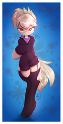 Size: 611x1200 | Tagged: safe, artist:kairaanix, oc, oc only, semi-anthro, abstract background, clothes, female, looking at you, solo, stockings, sweater, thigh highs