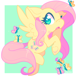 Size: 1000x1000 | Tagged: safe, artist:sharmie, fluttershy, butterfly, pegasus, pony, g4, covering mouth, cute, female, gasping, hoof heart, looking sideways, mare, open mouth, shyabetes, solo, spread wings, underhoof, wings