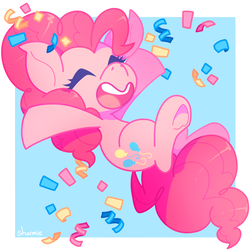 Size: 1000x1000 | Tagged: safe, artist:sharmie, pinkie pie, earth pony, pony, g4, abstract background, confetti, eyes closed, female, happy, mare, smiling, solo