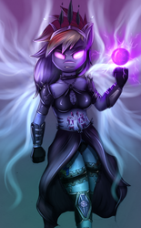 Size: 562x908 | Tagged: safe, artist:kairaanix, rainbow dash, anthro, g4, armor, belly button, crossover, diablo (series), diablo iii, female, garter, glowing eyes, looking at you, midriff, solo, wizard