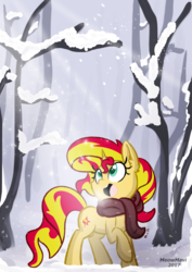 Size: 2894x4093 | Tagged: safe, artist:meowmavi, sunset shimmer, pony, unicorn, g4, clothes, female, forest, mare, scarf, smiling, snow, solo, winter