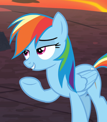Size: 777x888 | Tagged: safe, screencap, rainbow dash, pegasus, pony, g4, shadow play, cropped, female, lava, lidded eyes, mare, out of context, raised hoof, solo, underhoof