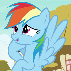 Size: 1080x1080 | Tagged: safe, screencap, rainbow dash, g4, secrets and pies, cropped, cute, female, smiling, solo, spread wings, wings