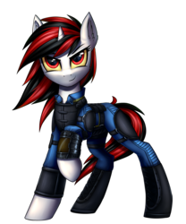 Size: 1820x2184 | Tagged: safe, artist:setharu, oc, oc only, oc:blackjack, pony, unicorn, fallout equestria, fallout equestria: project horizons, clothes, colored sclera, female, mare, simple background, smiling, solo, transparent background, yellow sclera