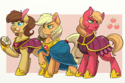 Size: 800x533 | Tagged: safe, artist:itstaylor-made, applejack, big macintosh, caramel, earth pony, pony, comic:twilight's reign, g4, alternate hairstyle, armor, cape, clothes, eating, element of honesty, female, guard, male, mare, raised eyebrow, raised hoof, short mane, simple background, stallion, trio