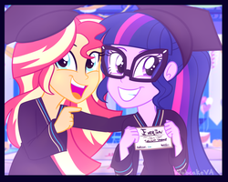 Size: 1000x800 | Tagged: dead source, safe, artist:wubcakeva, sci-twi, sunset shimmer, twilight sparkle, equestria girls, g4, clothes, duo, everton, glasses, graduation, graduation cap, hat, looking at you, smiling