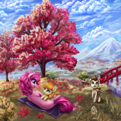 Size: 3732x3732 | Tagged: safe, artist:roadsleadme, pinkie pie, pound cake, pumpkin cake, earth pony, pegasus, pony, unicorn, g4, cake twins, colt, female, filly, high res, male, mare, mountain, older, scenery, scenery porn, smiling, tree