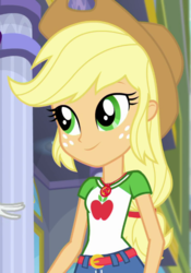 Size: 504x720 | Tagged: safe, screencap, applejack, equestria girls, g4, my little pony equestria girls: better together, super squad goals, clothes, cowboy hat, cropped, female, geode of super strength, hat, smiling, solo