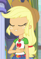 Size: 505x720 | Tagged: safe, screencap, applejack, equestria girls, g4, my little pony equestria girls: better together, super squad goals, belt, clothes, collar, cowboy hat, cropped, denim, denim skirt, eyes closed, female, freckles, geode of super strength, hand on chest, hand on stomach, hat, hungry, ponytail, shirt, skirt, smiling, solo, t-shirt, teenager