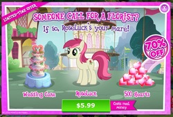 Size: 946x639 | Tagged: safe, gameloft, roseluck, g4, advertisement, costs real money, crack is cheaper, greedloft, introduction card