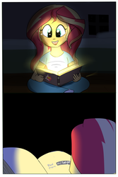 Size: 1000x1500 | Tagged: safe, artist:zouyugi, sunset shimmer, equestria girls, g4, book, clothes, female, implied twilight sparkle, journal, open mouth, shirt, smiling, solo