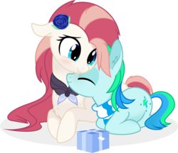 Size: 6602x5715 | Tagged: safe, artist:aureai, oc, oc only, oc:aureai, oc:cyan lightning, pegasus, pony, unicorn, .svg available, absurd resolution, blushing, chest fluff, clothes, colt, cuddling, cute, cutie mark, daaaaaaaaaaaw, duo, ear fluff, eyes closed, featured image, female, floppy ears, happy, hnnng, hug, looking down, male, mare, neck nuzzle, nuzzling, ocbetes, present, prone, scarf, simple background, smiling, transparent background, vector