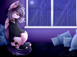 Size: 1882x1390 | Tagged: safe, artist:twinkepaint, oc, oc only, oc:autumn mood, pegasus, pony, clothes, female, hoodie, mare, pillow, rain, sitting, solo