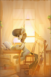 Size: 865x1298 | Tagged: safe, artist:ramiras, octavia melody, earth pony, pony, book, candle, cello, chair, female, mare, morning, musical instrument, reading, sitting, smiling, solo, table