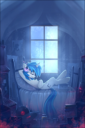 Size: 869x1298 | Tagged: safe, artist:ramiras, dj pon-3, vinyl scratch, pony, unicorn, armpits, bed, chest fluff, eyes closed, female, headphones, mare, night, relaxing, smiling, solo, window