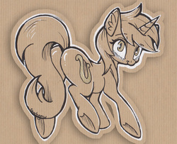 Size: 1945x1578 | Tagged: safe, artist:fancheesy, lyra heartstrings, pony, unicorn, g4, blushing, butt, ear fluff, female, ink drawing, looking at you, mare, plot, sketch, smiling, solo, style emulation, traditional art, underhoof