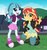 Size: 1250x1317 | Tagged: safe, artist:niban-destikim, sonata dusk, sunset shimmer, equestria girls, g4, boots, clothes, commission, cute, duo, high heel boots, jacket, leather jacket, pants, peace sign, ponytail, shoes, skirt, younger