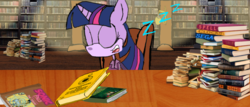 Size: 1368x583 | Tagged: safe, artist:vatoff, twilight sparkle, anthro, g4, book, library, sleeping, sonic the hedgehog, sonic the hedgehog (series), sonicified, zzz