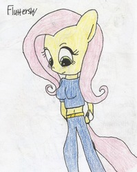 Size: 1424x1790 | Tagged: safe, artist:shawnventura, fluttershy, anthro, g4, belly button, breasts, busty fluttershy, female, midriff, solo, traditional art