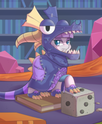 Size: 1650x2000 | Tagged: safe, artist:tikrs007, maud pie, earth pony, pony, uncommon bond, board game, book, clothes, costume, cute, dice, dragon costume, dragon pit, female, frown, lidded eyes, looking at you, mare, maudabetes, raised hoof, solo