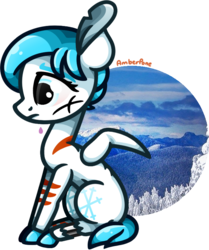 Size: 667x797 | Tagged: safe, artist:amberpone, oc, oc only, oc:snowwhite, pegasus, pony, adult, art trade, blue eyes, blue hair, cel shading, cloven hooves, digital art, eyebrows, featherless wings, female, looking forward, mare, on floor, paint tool sai, sad, scar, short hair, short tail, simple background, sitting, snow, solo, transparent background, winter, worried