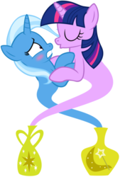 Size: 385x571 | Tagged: safe, artist:navitaserussirus, trixie, twilight sparkle, genie, g4, cropped, female, imminent kissing, kissing, lesbian, ship:twixie, shipping