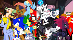 Size: 3358x1843 | Tagged: safe, artist:trungtranhaitrung, capper dapperpaws, captain celaeno, grubber, rainbow dash, storm king, tempest shadow, oc, oc:delta brony, anthro, g4, my little pony: the movie, classic sonic, crossover, doctor eggman, gadget the wolf, infinite (character), male, phantom ruby, sonic forces, sonic the hedgehog, sonic the hedgehog (series)