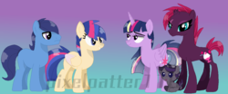 Size: 1140x475 | Tagged: safe, artist:pixelpatter116, fizzlepop berrytwist, tempest shadow, twilight sparkle, oc, alicorn, pony, g4, my little pony: the movie, alternate hairstyle, family, female, half-siblings, lesbian, magical lesbian spawn, offspring, parent:flash sentry, parent:tempest shadow, parent:twilight sparkle, parents:flashlight, parents:tempestlight, ship:tempestlight, shipping, twilight sparkle (alicorn), watermark