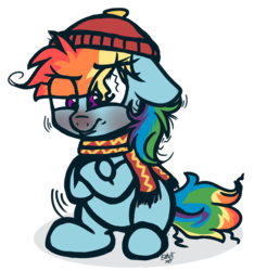 Size: 1680x1795 | Tagged: safe, artist:binkyt11, derpibooru exclusive, rainbow dash, pegasus, pony, angry, chibi, clothes, cold, crossed arms, female, floppy ears, freezing, hat, mare, messy mane, missing cutie mark, red face, red nosed, scarf, shivering, sick, simple background, sitting, solo, transparent background