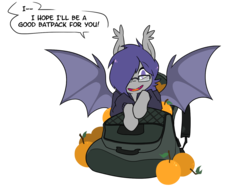 Size: 1408x1059 | Tagged: safe, artist:egophiliac, oc, oc only, oc:dusk rhine, bat pony, backpack, bat pony oc, batpack, clothes, cute, dialogue, food, fruit, glasses, hair over one eye, happy, hoodie, looking at you, male, orange, simple background, solo, speech bubble, spread wings, stallion, transparent background, wings